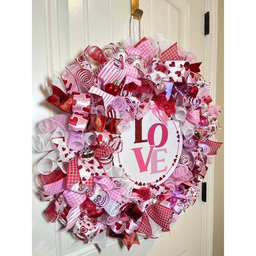 XL Handmade Valentine’s LOVE Ribbon Prelit Wreath 26 ins LED XLW4